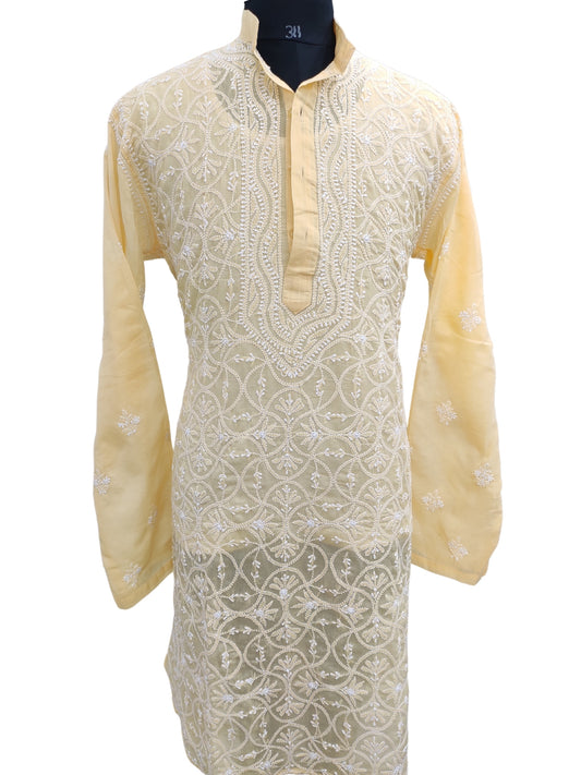 Shyamal Chikan Hand Embroidered Yellow Cotton Lucknowi Chikankari Men's Kurta –S23800