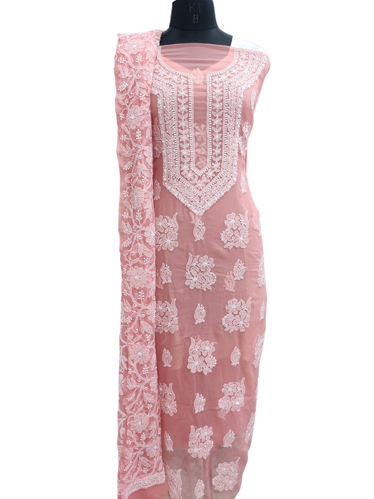 Shyamal Chikan Hand Embroidered Peach Georgette Lucknowi Chikankari Unstitched Suit Piece With Heavy Dupatta - S24368