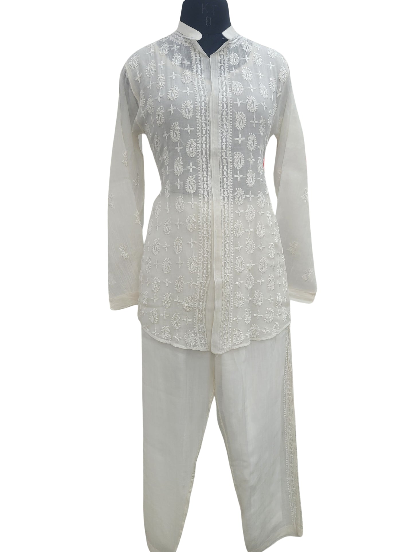 Shyamal Chikan Hand Embroidered White Mul Chanderi Lucknowi Chikankari Shirt and Pant Set - S24901