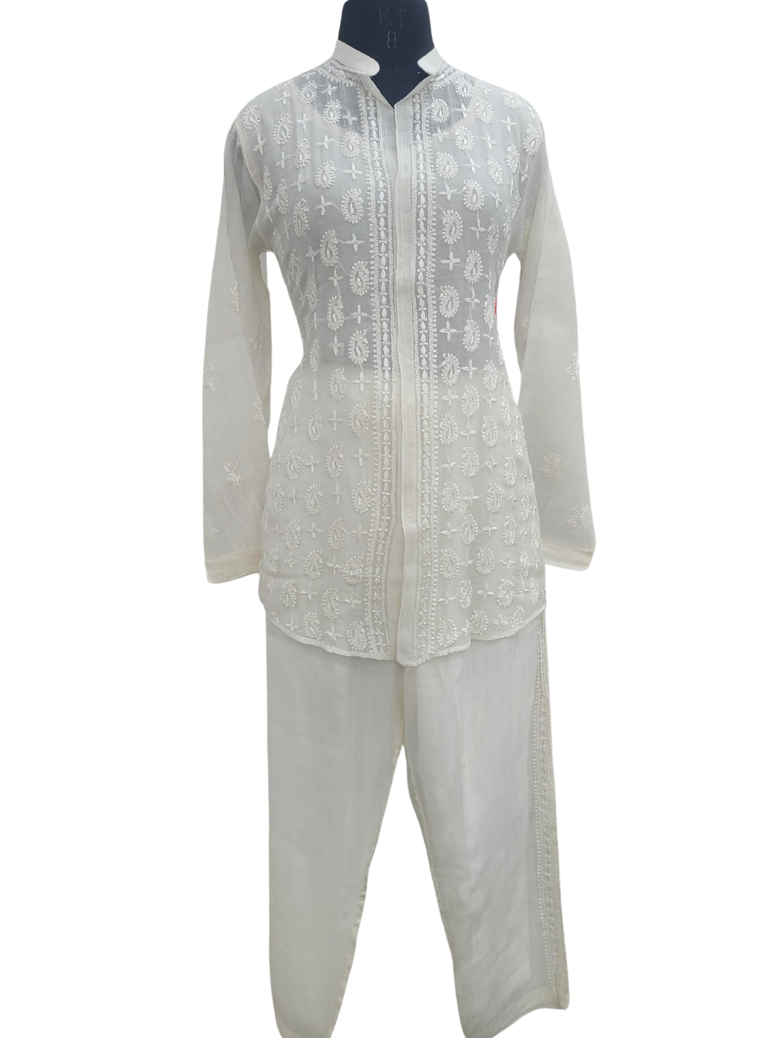 Shyamal Chikan Hand Embroidered White Mul Chanderi Lucknowi Chikankari Shirt and Pant Set - S24901