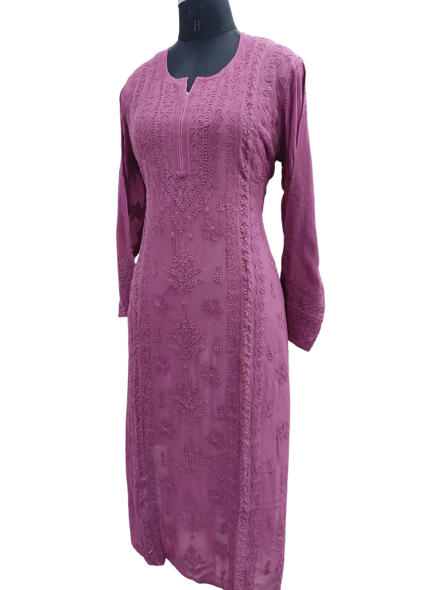 Shyamal Chikan Hand Embroidered Wine Viscose Georgette Lucknowi Chikankari Kurti With Crosia Work  - 23850