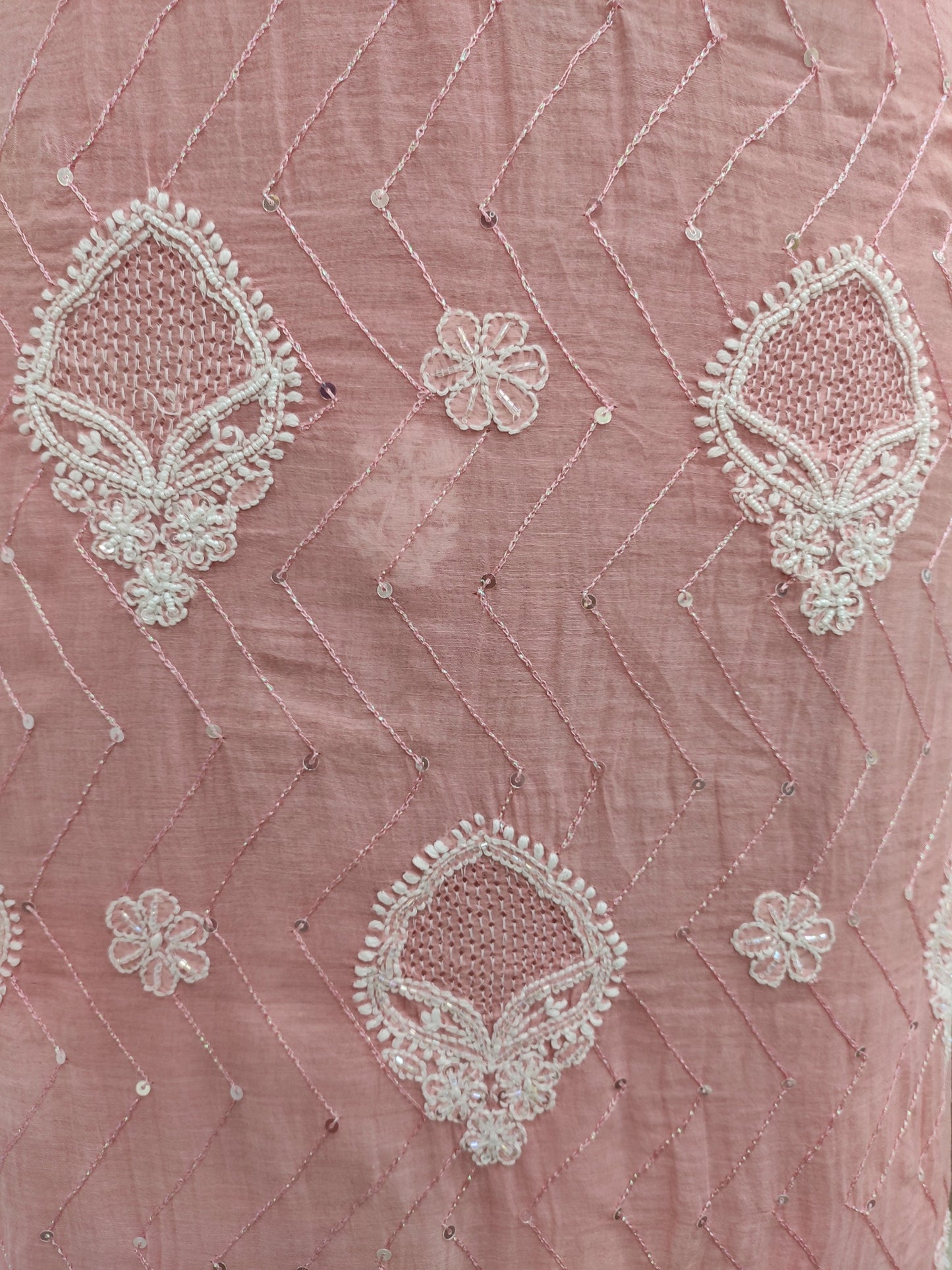 Shyamal Chikan Hand Embroidered Pink Mul Chanderi Lucknowi Chikankari Unstitched Suit Piece with Pearl & Sequin Work (Kurta Dupatta Set) - S20711