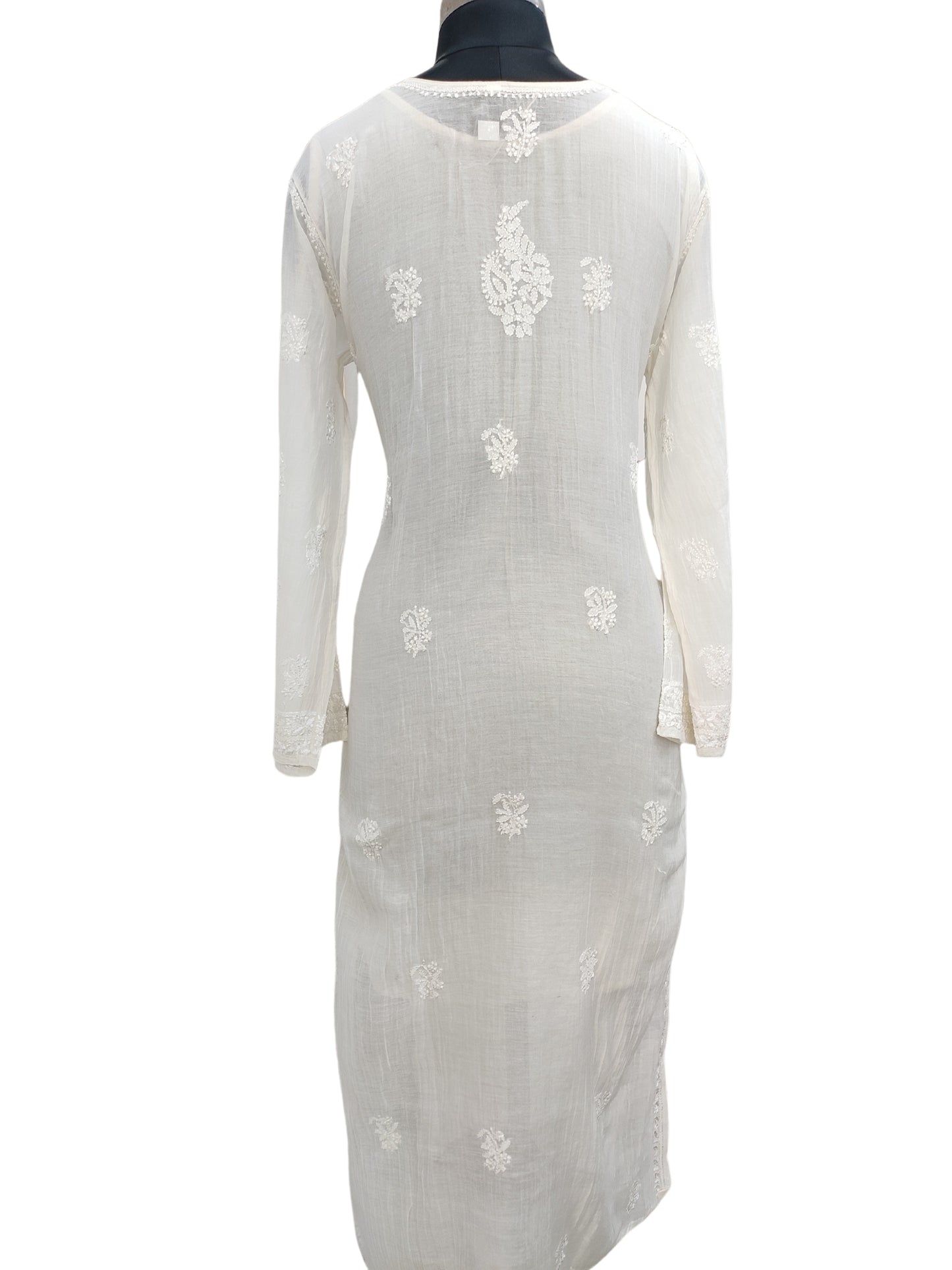 Shyamal Chikan Hand Embroidered White Mul Chanderi Lucknowi Chikankari Kurti - S24229