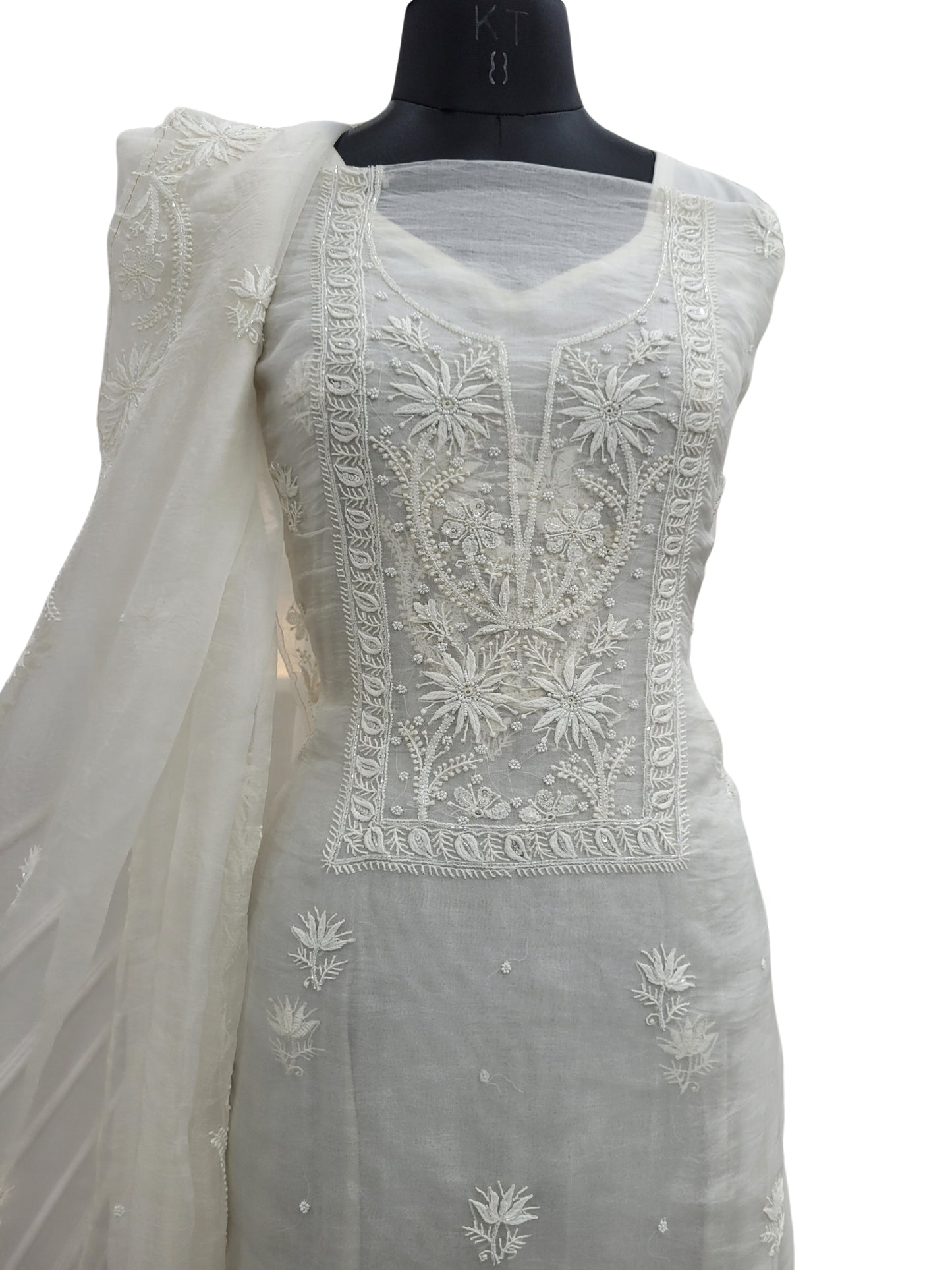 Shyamal Chikan Hand Embroidered White Organza Lucknowi Chikankari Unstitched Suit Piece (Kurta Dupatta Set) With Pearl and Cutdana Work - S24065