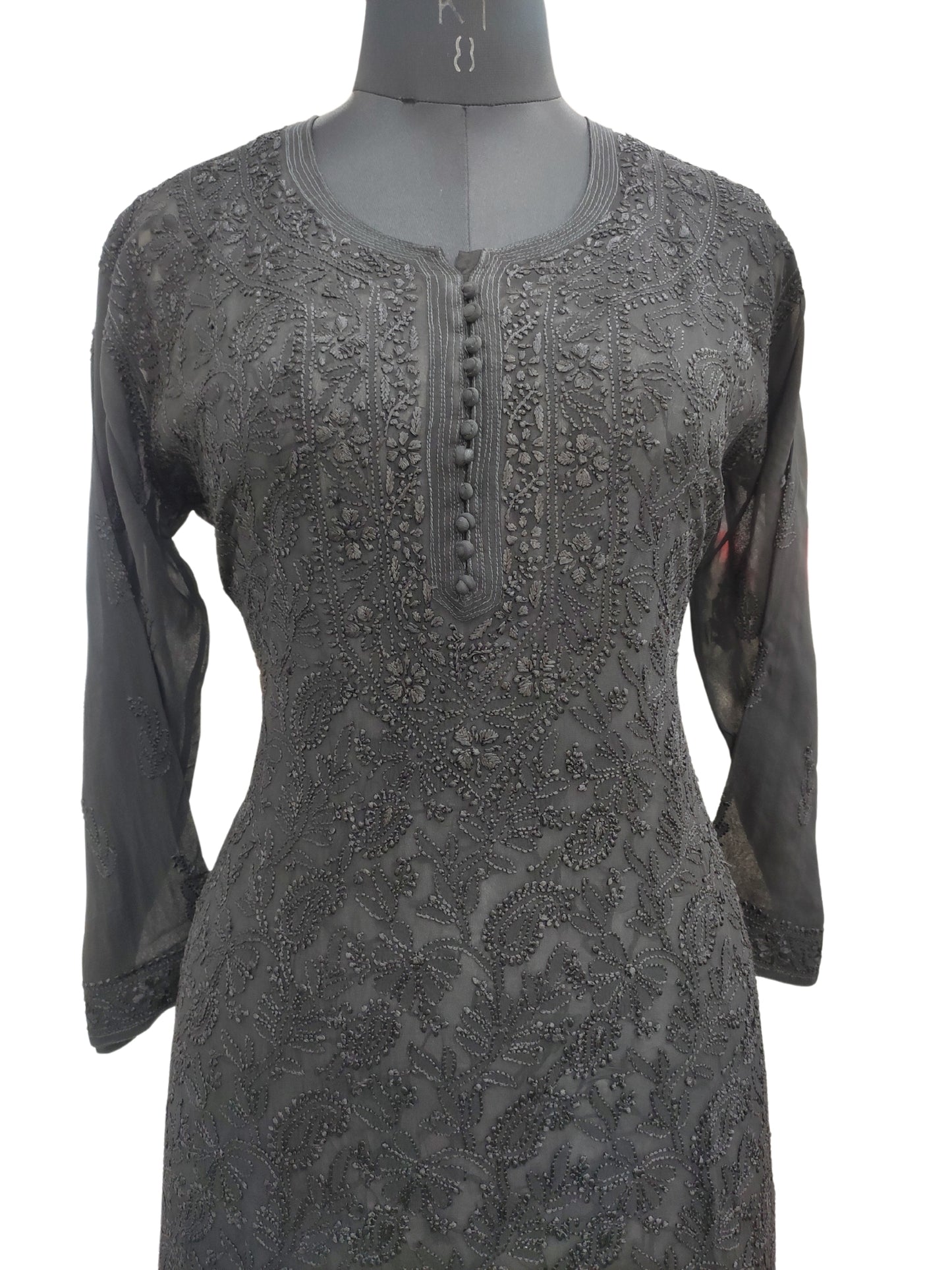 Shyamal Chikan Hand Embroidered Black Viscose Georgette Lucknowi Chikankari Kurti - S22799