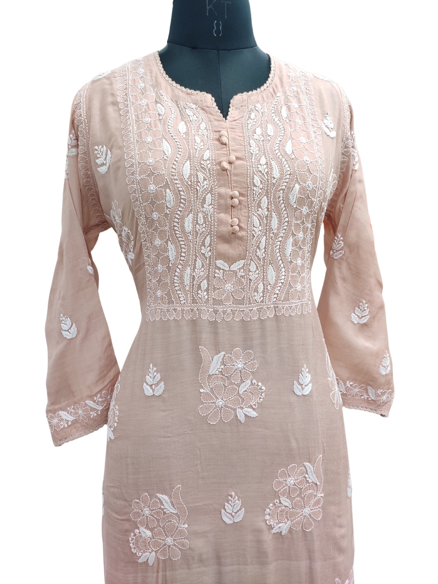 Shyamal Chikan Hand Embroidered Peachish Brown Muslin Lucknowi Chikankari Kurti - S24960