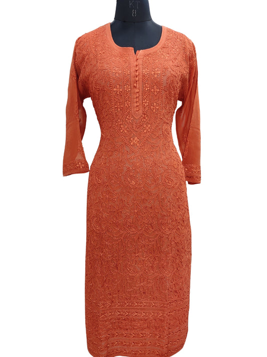 Shyamal Chikan Hand Embroidered Burnt Orange Viscose Georgette Lucknowi Chikankari Kurti - S23902