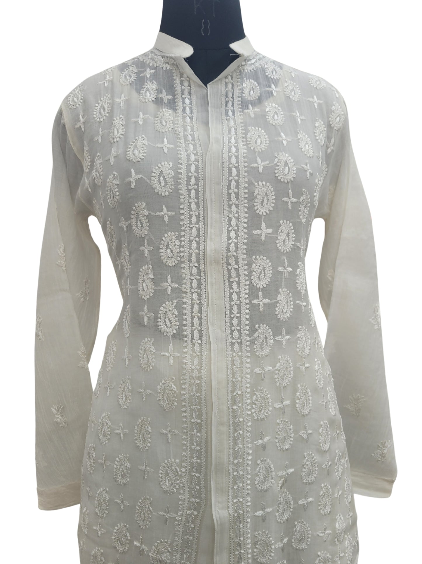 Shyamal Chikan Hand Embroidered White Mul Chanderi Lucknowi Chikankari Shirt and Pant Set - S24901