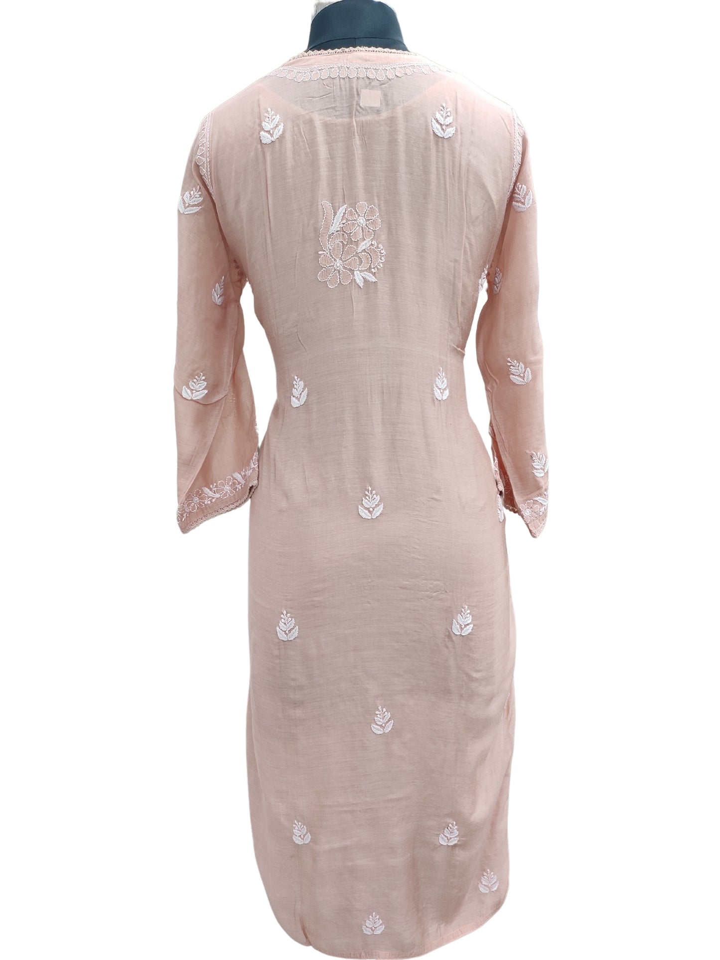 Shyamal Chikan Hand Embroidered Peachish Brown Muslin Lucknowi Chikankari Kurti - S24960