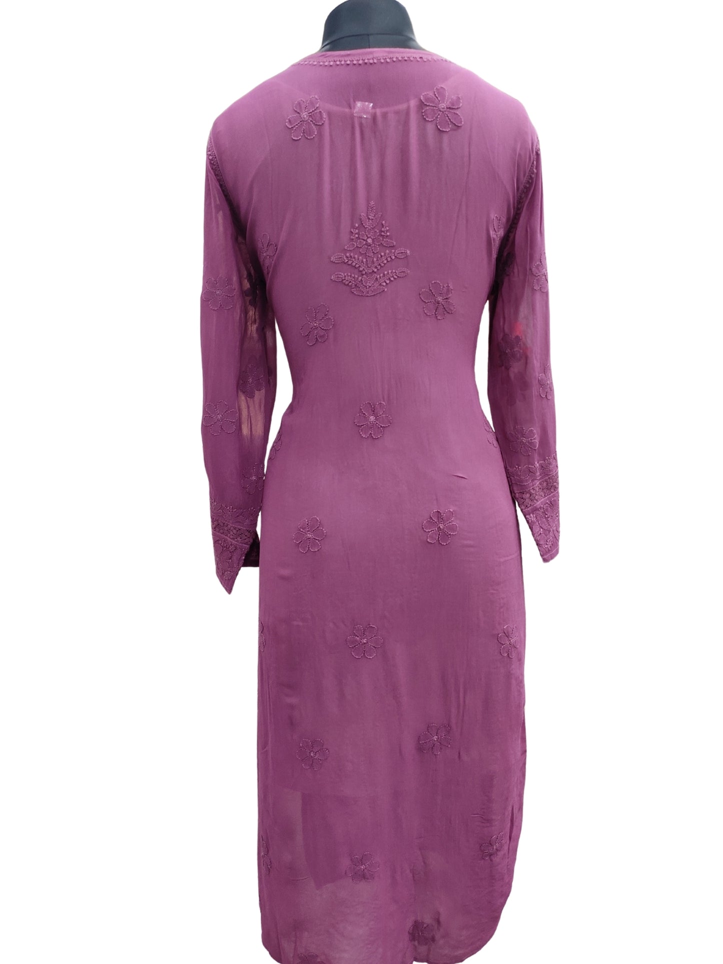 Shyamal Chikan Hand Embroidered Wine Viscose Georgette Lucknowi Chikankari Kurti With Crosia Work  - 23850