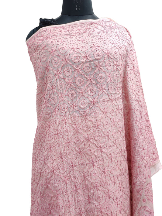 Shyamal Chikan Hand Embroidered Pink Pure Tusser Silk Lucknowi Chikankari Saree With Blouse Piece- S20722
