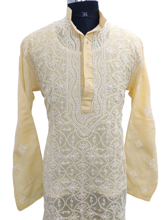 Shyamal Chikan Hand Embroidered Yellow Cotton Lucknowi Chikankari Men's Kurta –S23800