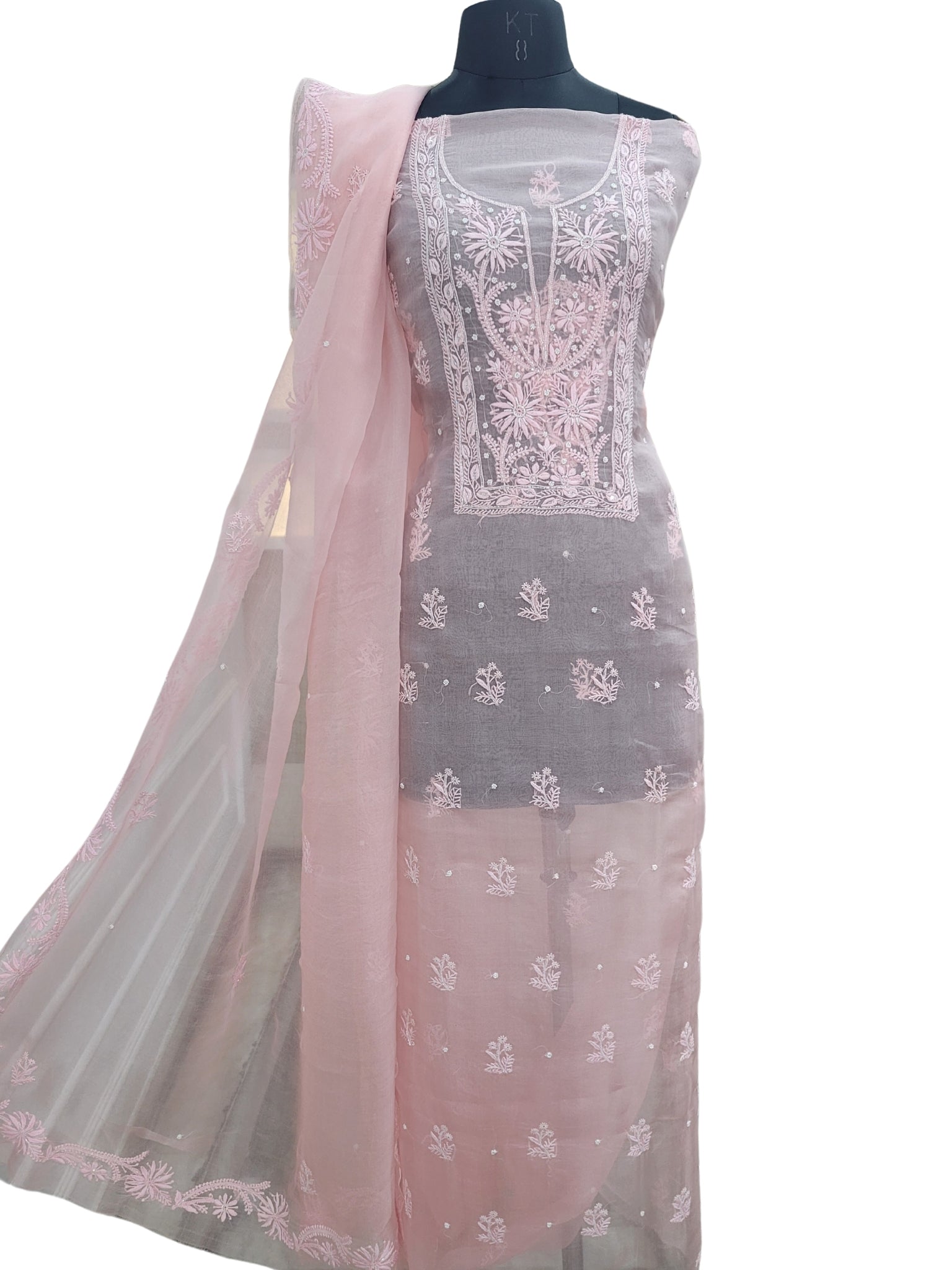 Shyamal Chikan Hand Embroidered Pink Organza Lucknowi Chikankari Unstitched Suit Piece (Kurta Dupatta Set) With Pearl and Cutdana Work - S21366