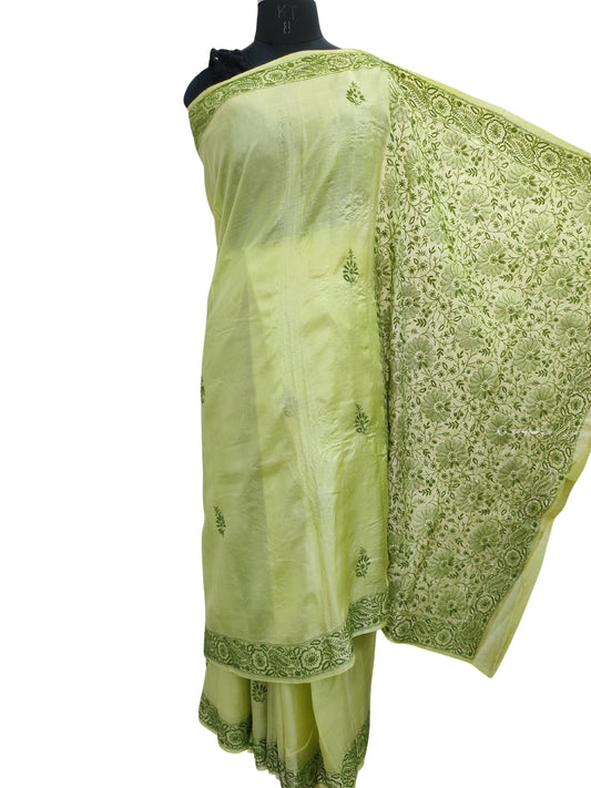 Shyamal Chikan Hand Embroidered Green Tusser Silk Lucknowi Chikankari Saree With Blouse Piece- S22473