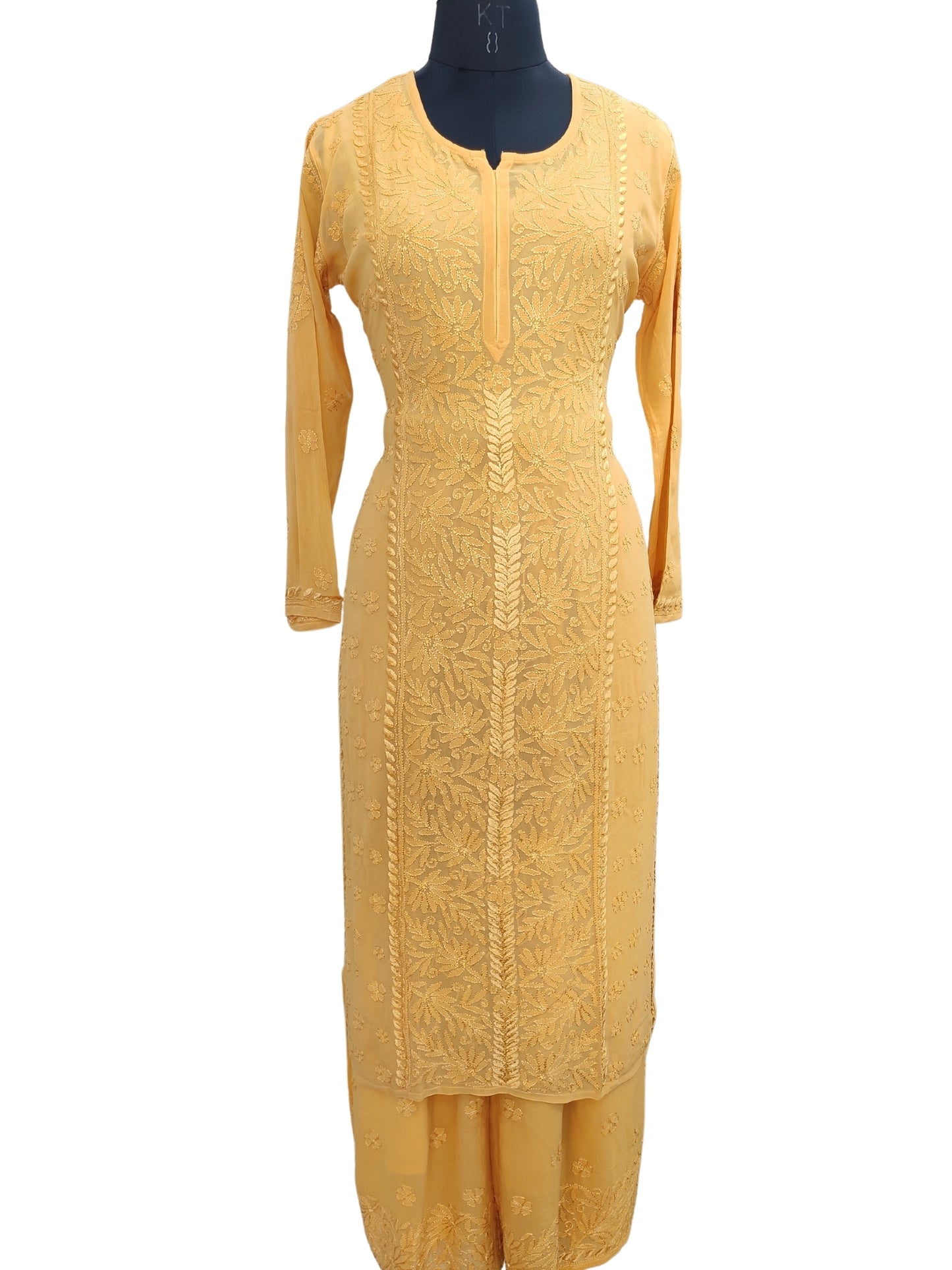 Shyamal Chikan Hand Embroidered Yellow Viscose Georgette Lucknowi Chikankari Kurta and Bottom Set - 23676