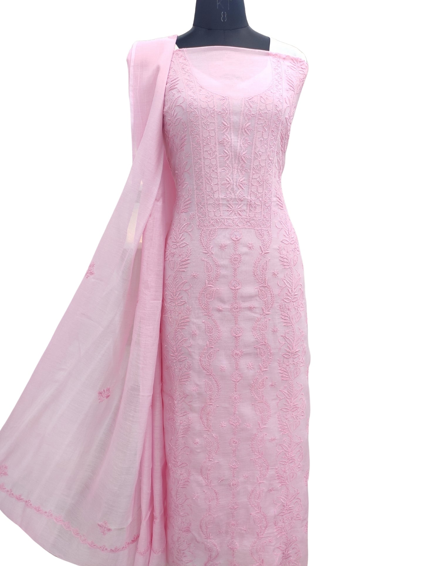 Shyamal Chikan Hand Embroidered Pink Mul Chanderi Lucknowi Chikankari Unstitched Suit Piece (Kurta Dupatta Set) - 23743