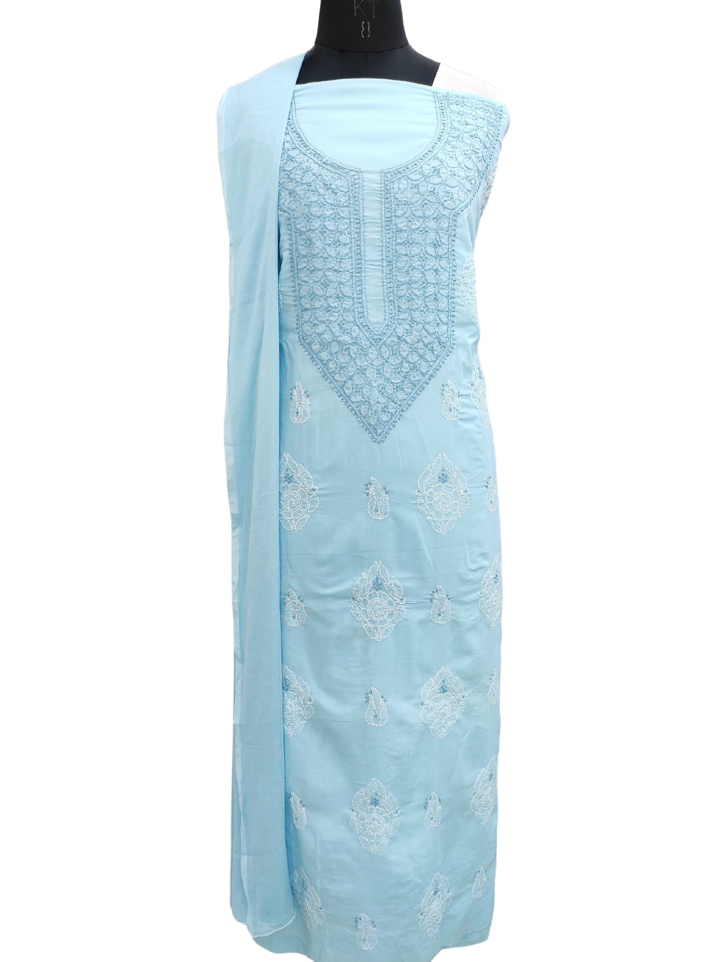 Shyamal Chikan Hand Embroidered Blue Cotton Lucknowi Chikankari Unstitched Suit Piece 24154