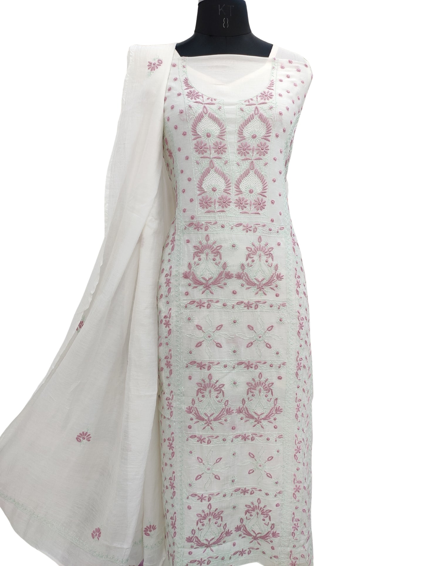 Shyamal Chikan Hand Embroidered White Mul Chanderi Lucknowi Chikankari Unstitched Suit Piece (Kurta Dupatta Set) - S24337