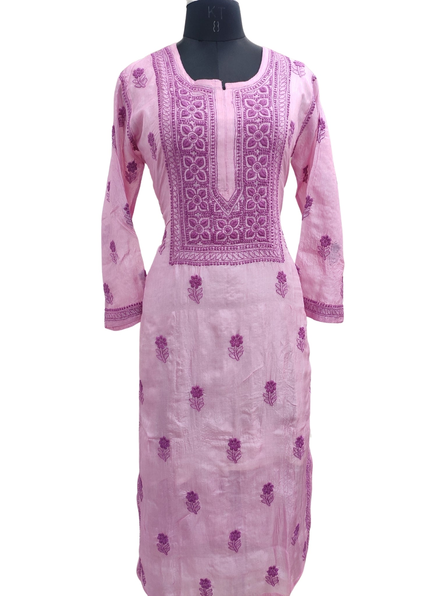 Shyamal Chikan Hand Embroidered Purple Pure Tusser Silk Lucknowi Chikankari Kurti- S24401