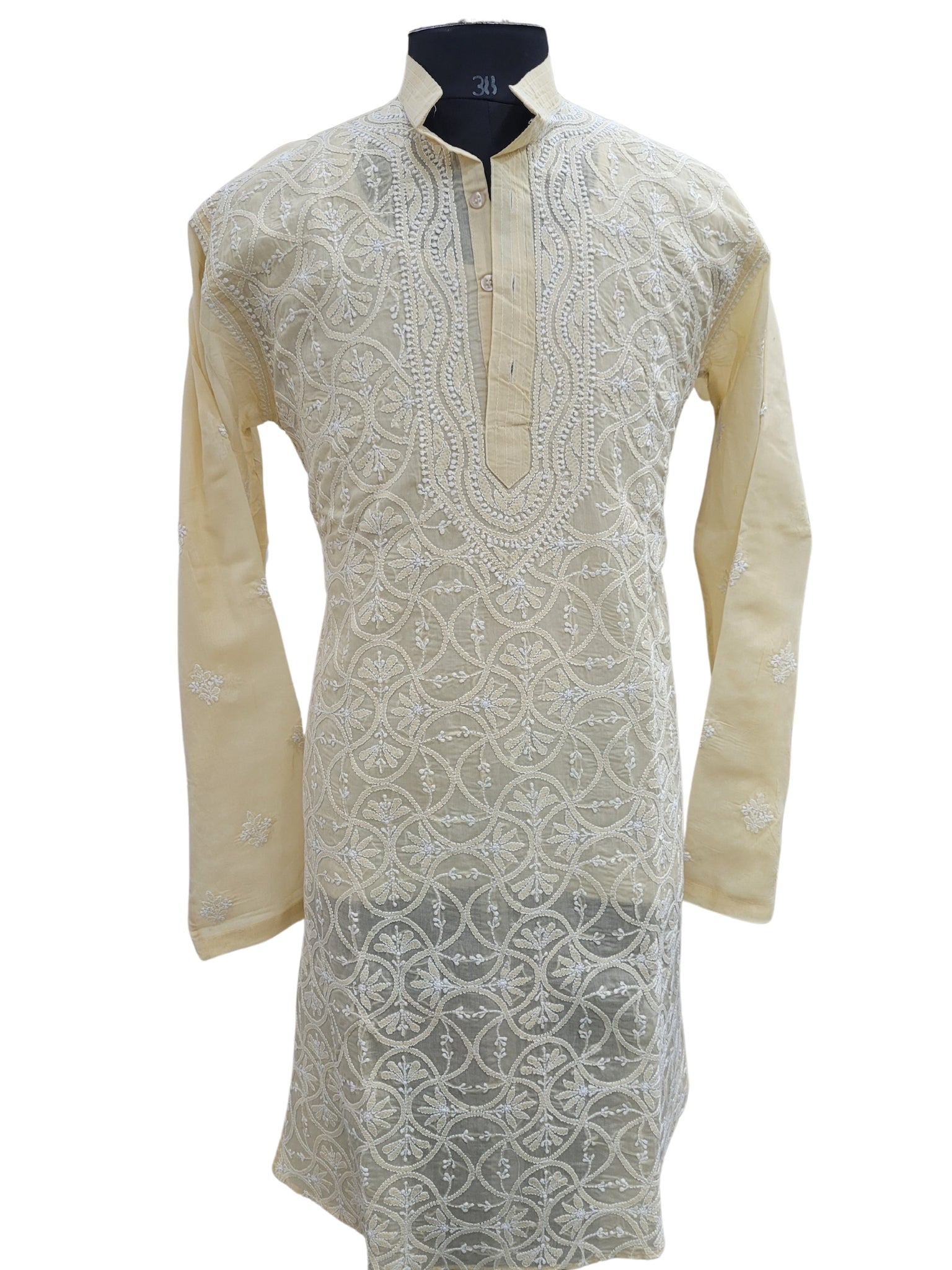 Shyamal Chikan Hand Embroidered Beige Cotton Lucknowi Chikankari Men's Kurta –S25007