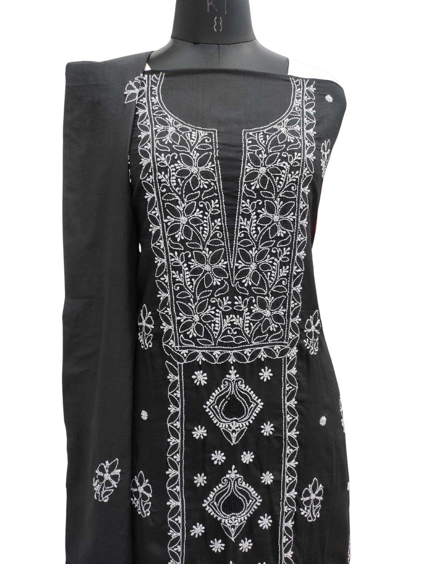 Shyamal Chikan Hand Embroidered Black Cotton Lucknowi Chikankari Unstitched Suit Piece With Cotton Dupatta & Jaali Work - S25291