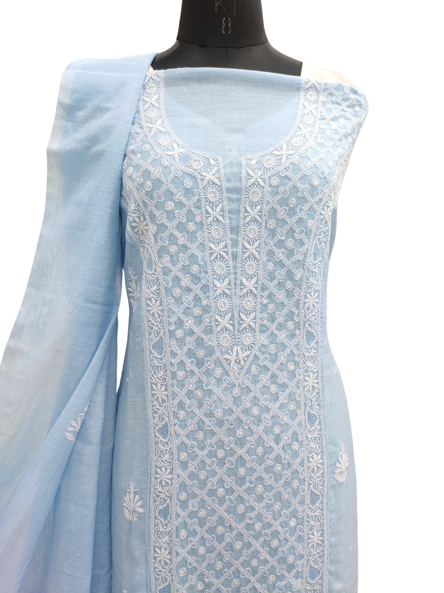 Shyamal Chikan Hand Embroidered Blue Lenin Lucknowi Chikankari semi stitched Suit Piece With Cutdana & Sequin Work (Kurta Dupatta Set) - S25116