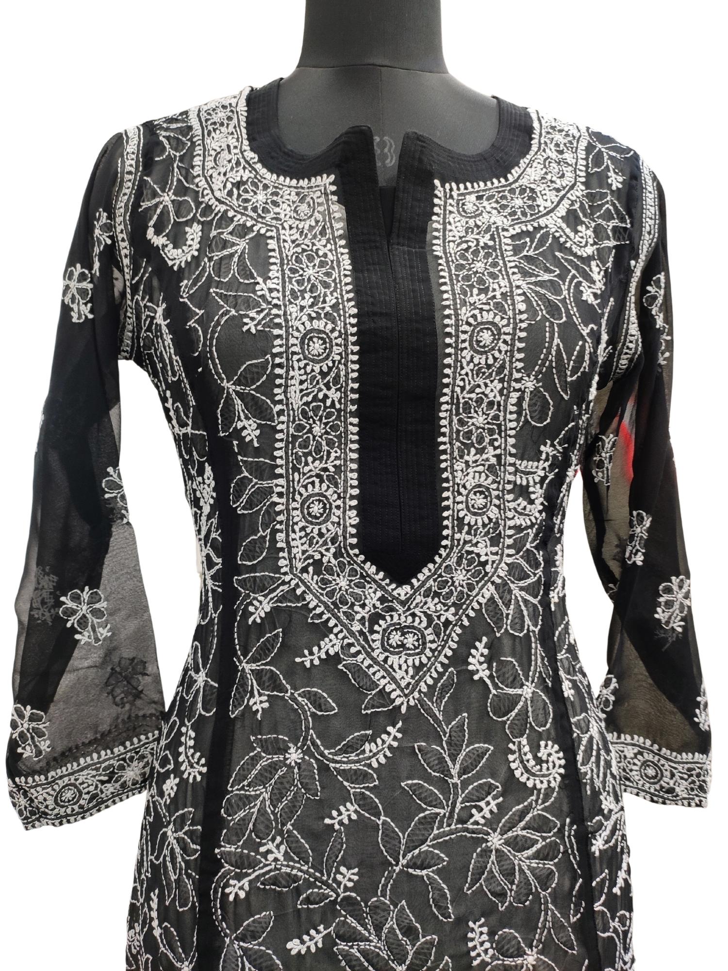 ISHIEQA's Black Georgette Chikankari Kurti – MV0107D | A line kurti,  Outfits, Dress materials