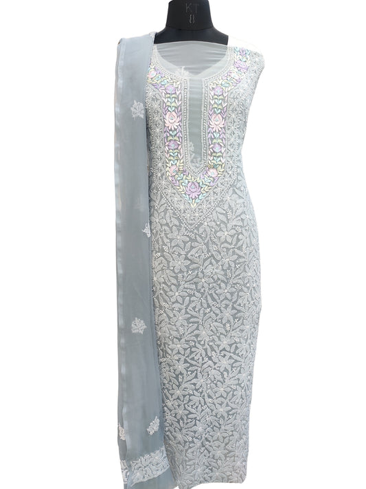 Shyamal Chikan Hand Embroidered Grey Georgette Lucknowi Chikankari Unstitched Suit Piece With Parsi Work - S22637
