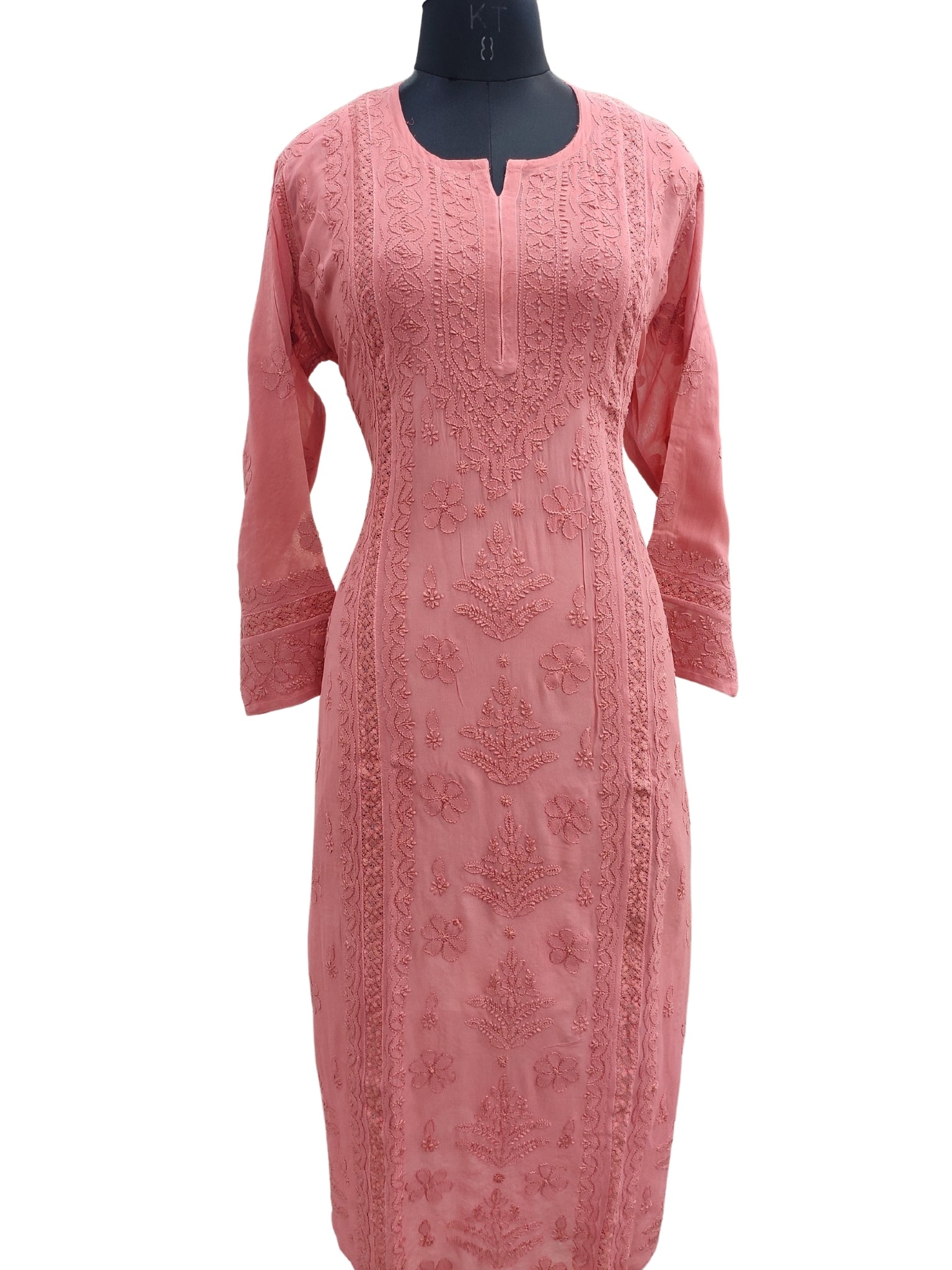 Shyamal Chikan Hand Embroidered Peach Viscose Georgette Lucknowi Chikankari Kurti With Crosia Work  - 23869