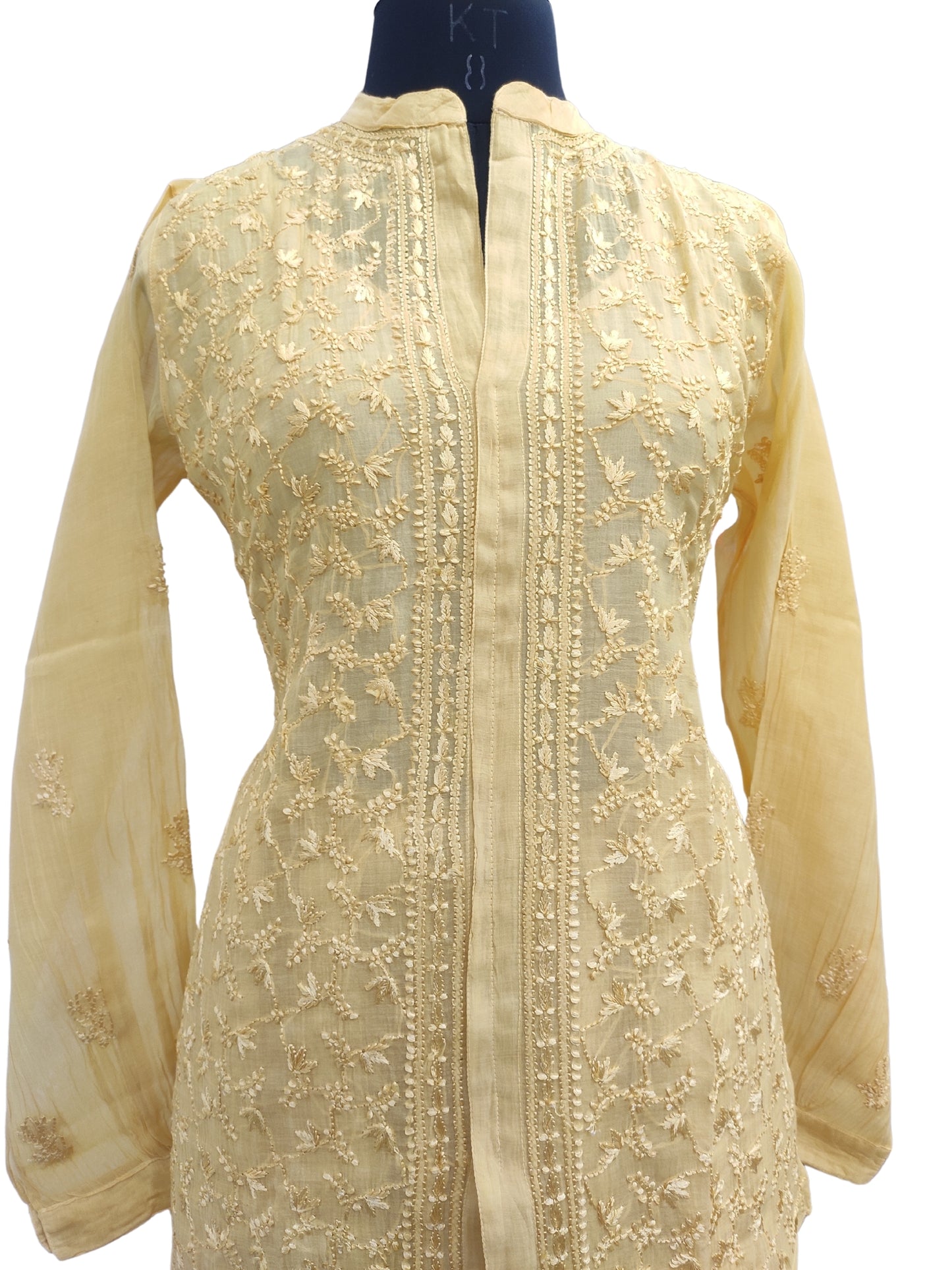 Shyamal Chikan Hand Embroidered Yellow Mul Chanderi Lucknowi Chikankari Shirt and Pant Set - S24252