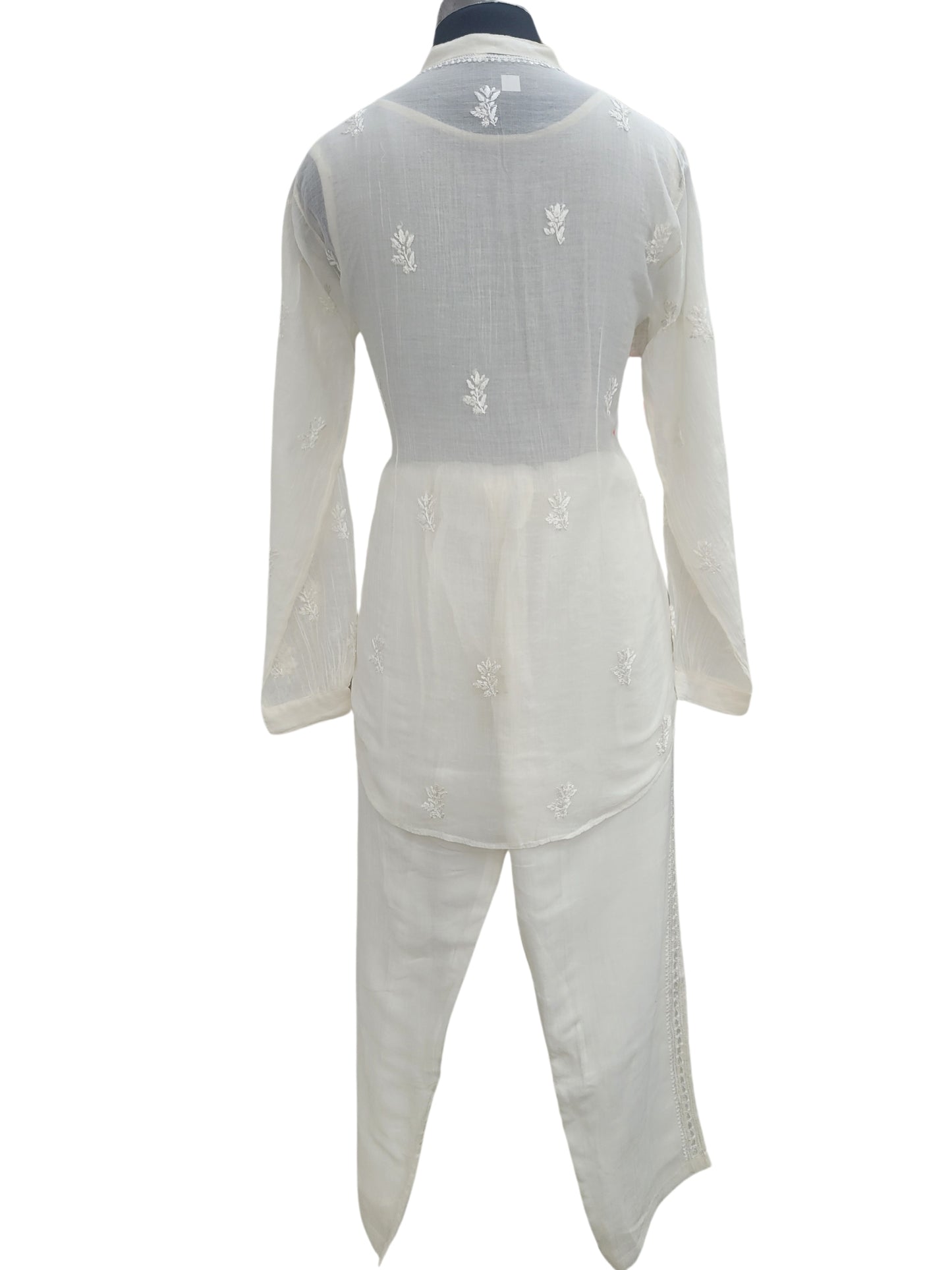 Shyamal Chikan Hand Embroidered White Mul Chanderi Lucknowi Chikankari Shirt and Pant Set - S24901