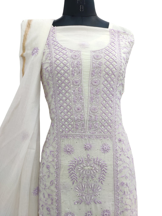 Shyamal Chikan Hand Embroidered White Mul Chanderi Lucknowi Chikankari Unstitched Suit Piece with Cutdana & Sequin Work (Kurta Dupatta Set) 23720