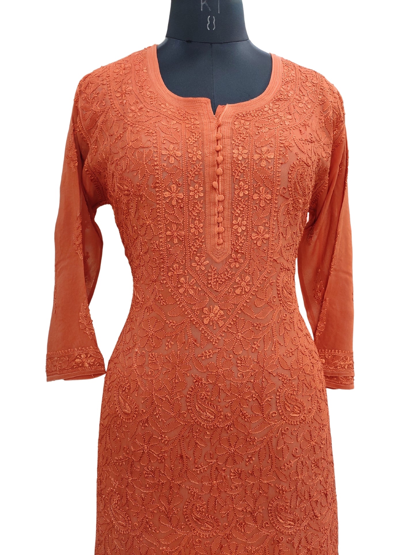 Shyamal Chikan Hand Embroidered Burnt Orange Viscose Georgette Lucknowi Chikankari Kurti - S23902