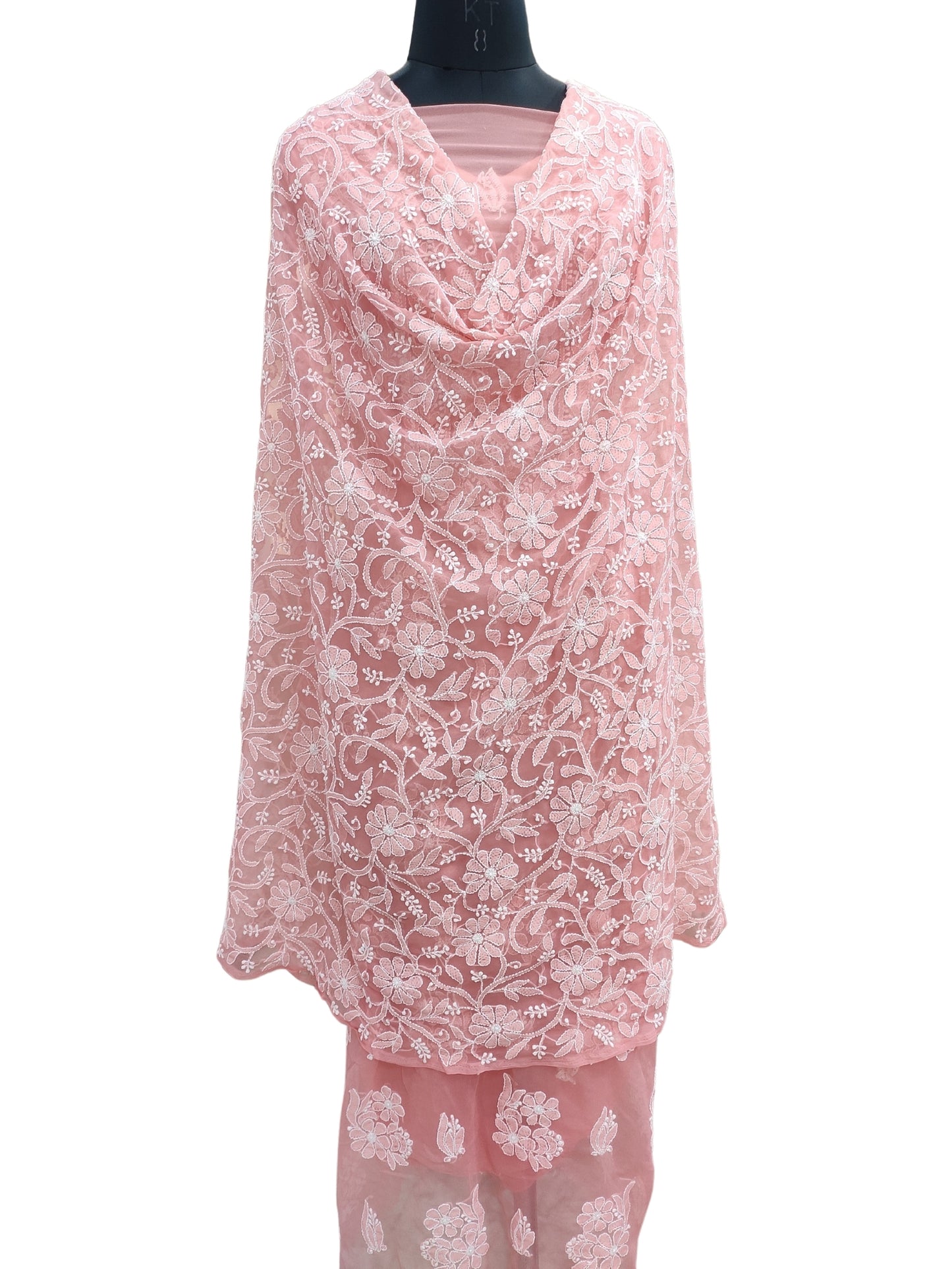 Shyamal Chikan Hand Embroidered Peach Georgette Lucknowi Chikankari Unstitched Suit Piece With Heavy Dupatta - S24368