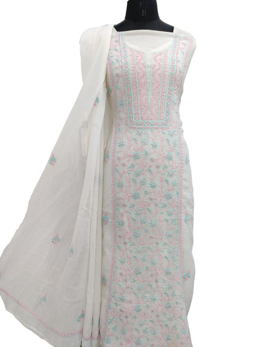 Shyamal Chikan Hand Embroidered White Mul Chanderi Lucknowi Chikankari Unstitched Suit Piece (Kurta Dupatta Set) - S21022