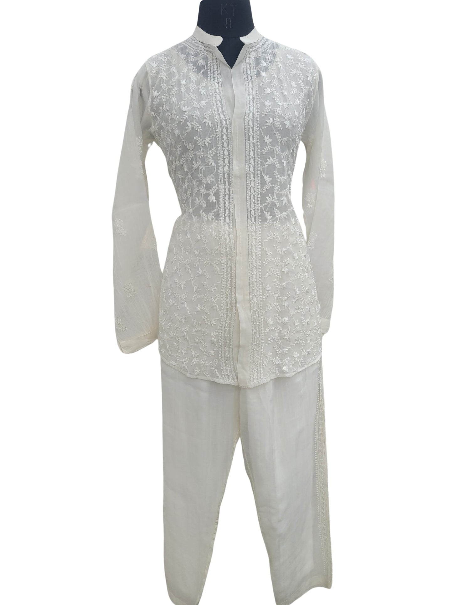 Shyamal Chikan Hand Embroidered White Mul Chanderi Lucknowi Chikankari Shirt and Pant Set - S24899