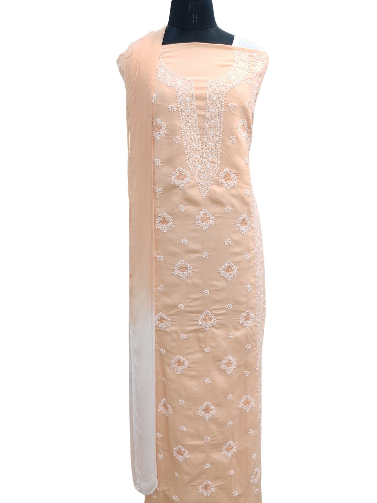 Shyamal Chikan Hand Embroidered Peach Cotton Lucknowi Chikankari Unstitched Suit Piece With Jaali Work - S25040