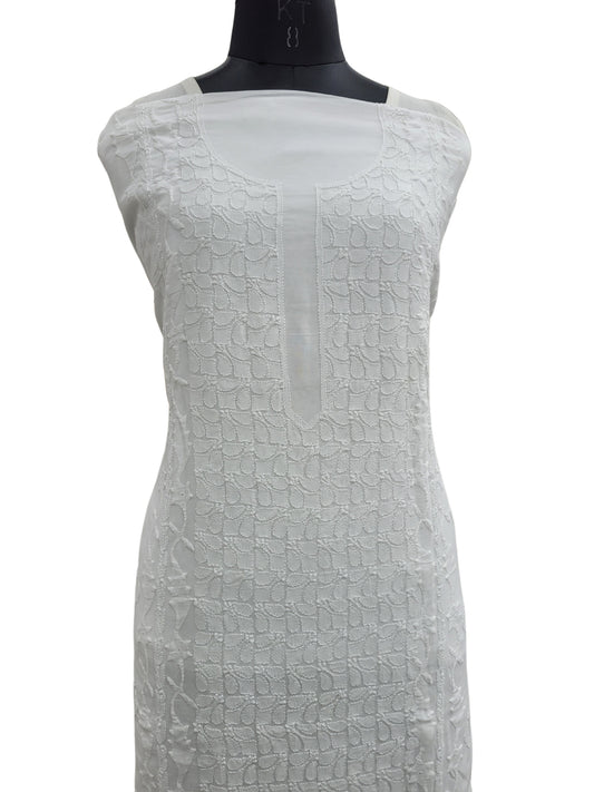 Shyamal Chikan Hand Embroidered White Malmal Cotton Lucknowi Chikankari Unstitched Kurta Piece With Daraz Work - S24475