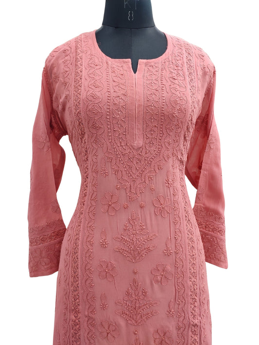 Shyamal Chikan Hand Embroidered Peach Viscose Georgette Lucknowi Chikankari Kurti With Crosia Work  - 23869