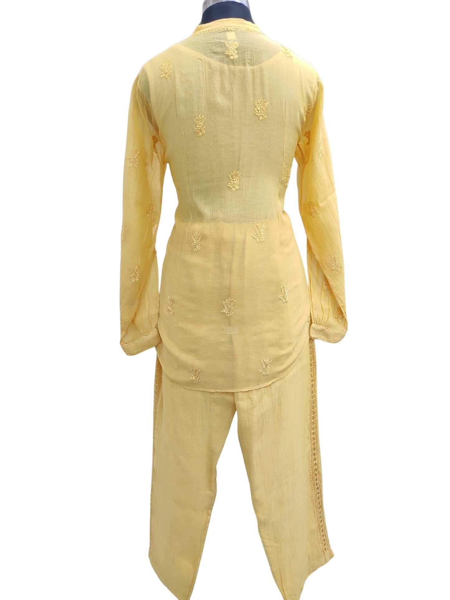 Shyamal Chikan Hand Embroidered Yellow Mul Chanderi Lucknowi Chikankari Shirt and Pant Set - S24252