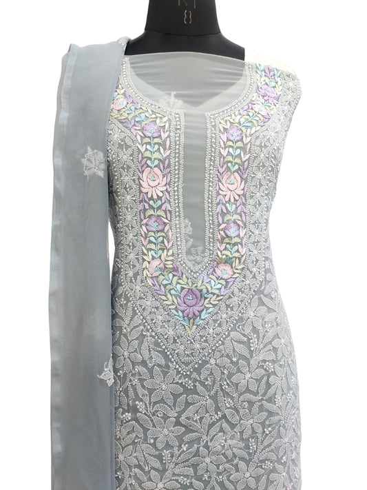 Shyamal Chikan Hand Embroidered Grey Georgette Lucknowi Chikankari Unstitched Suit Piece With Parsi Work - S22637