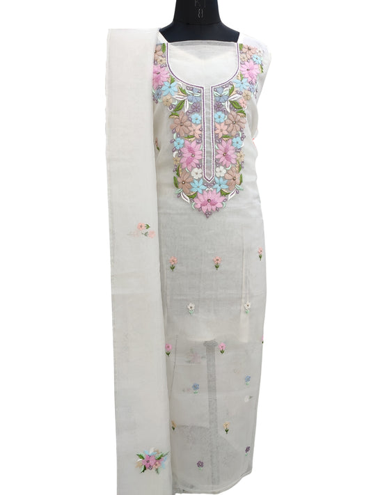 Shyamal Chikan Hand Embroidered White Organza Lucknowi Chikankari Unstitched Suit Piece (Kurta Dupatta Set) With Pearl and Cutdana Work - S23173