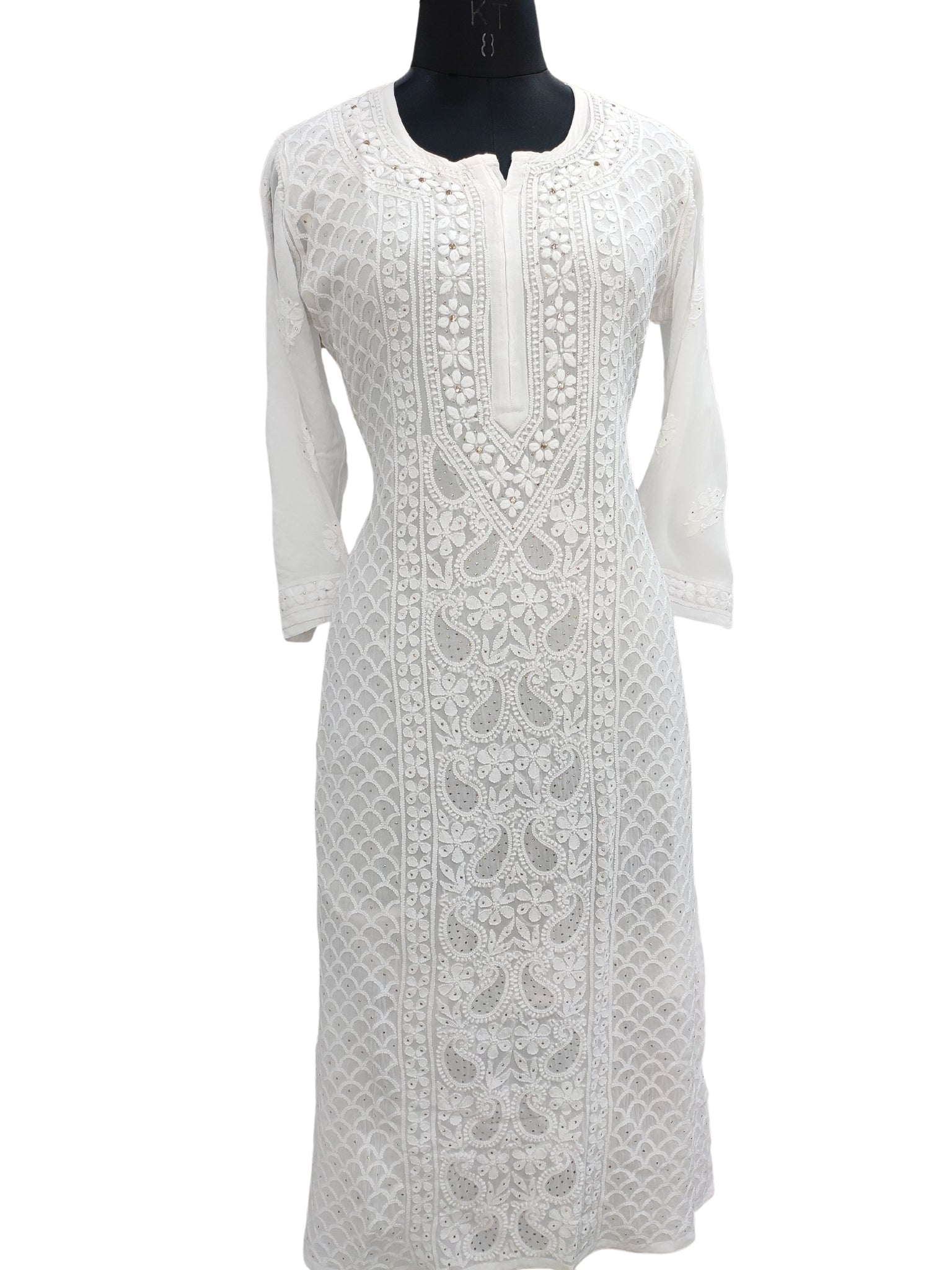 Shyamal Chikan Hand Embroidered White Viscose Georgette Lucknowi Chikankari Kurti With Mukaish Work - S24216