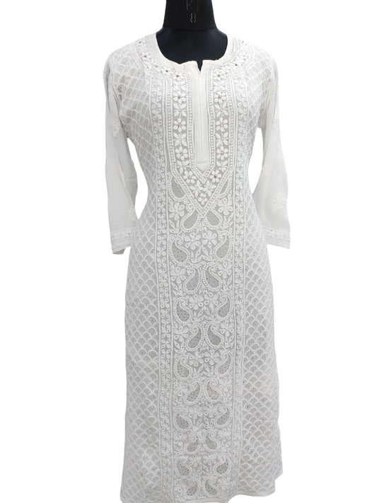 Shyamal Chikan Hand Embroidered White Viscose Georgette Lucknowi Chikankari Kurti With Mukaish Work - S24216