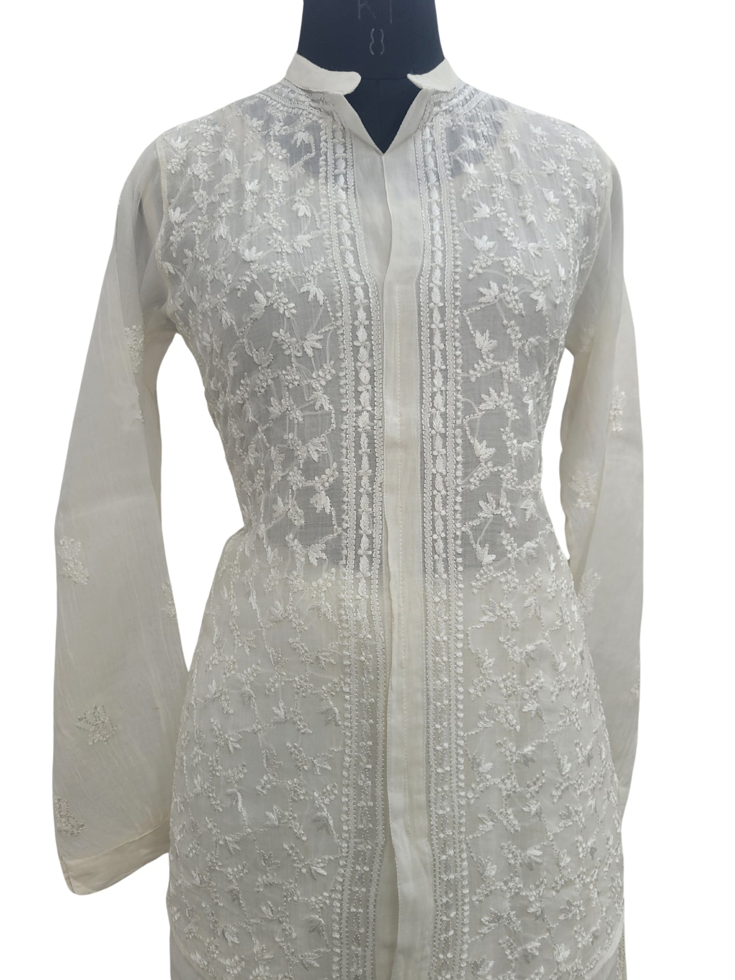 Shyamal Chikan Hand Embroidered White Mul Chanderi Lucknowi Chikankari Shirt and Pant Set - S24899