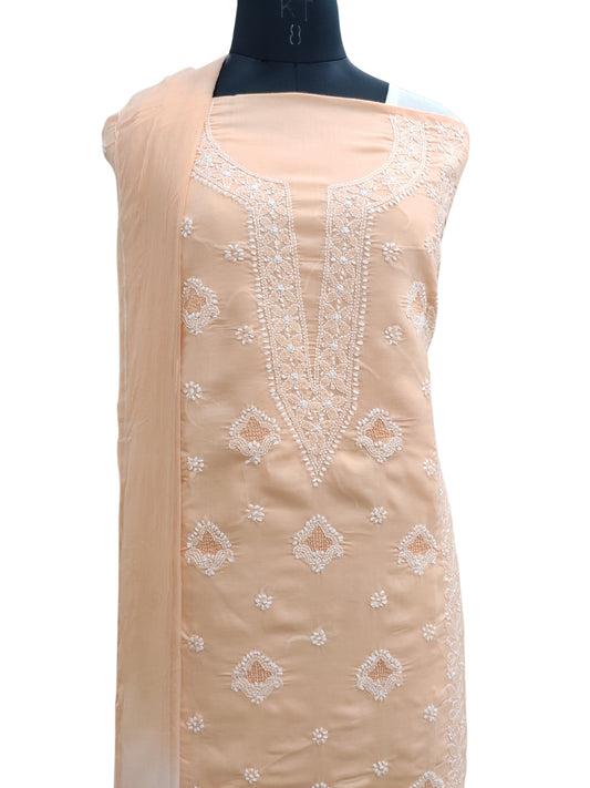 Shyamal Chikan Hand Embroidered Peach Cotton Lucknowi Chikankari Unstitched Suit Piece With Jaali Work - S25040