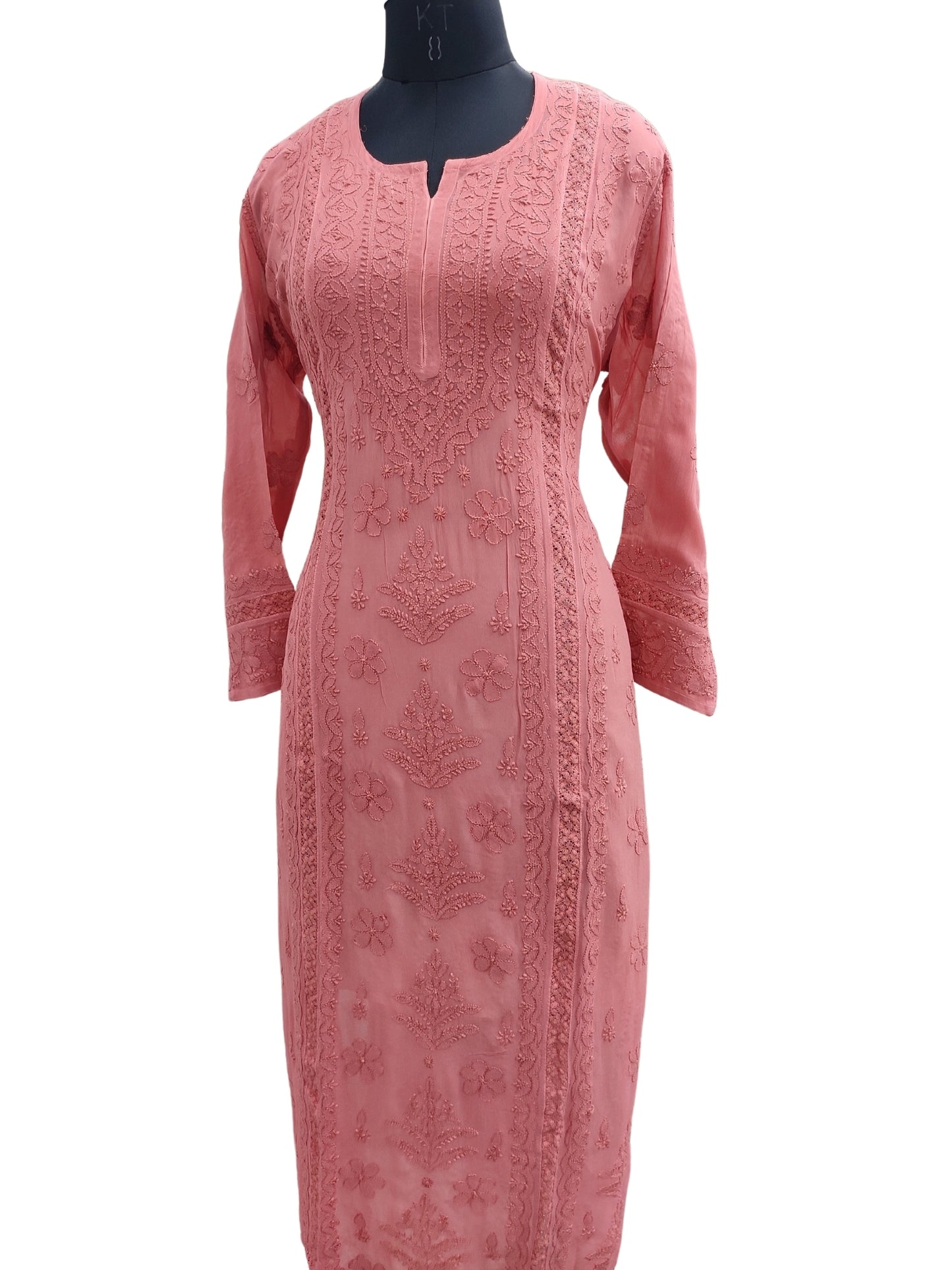 Shyamal Chikan Hand Embroidered Peach Viscose Georgette Lucknowi Chikankari Kurti With Crosia Work  - 23869