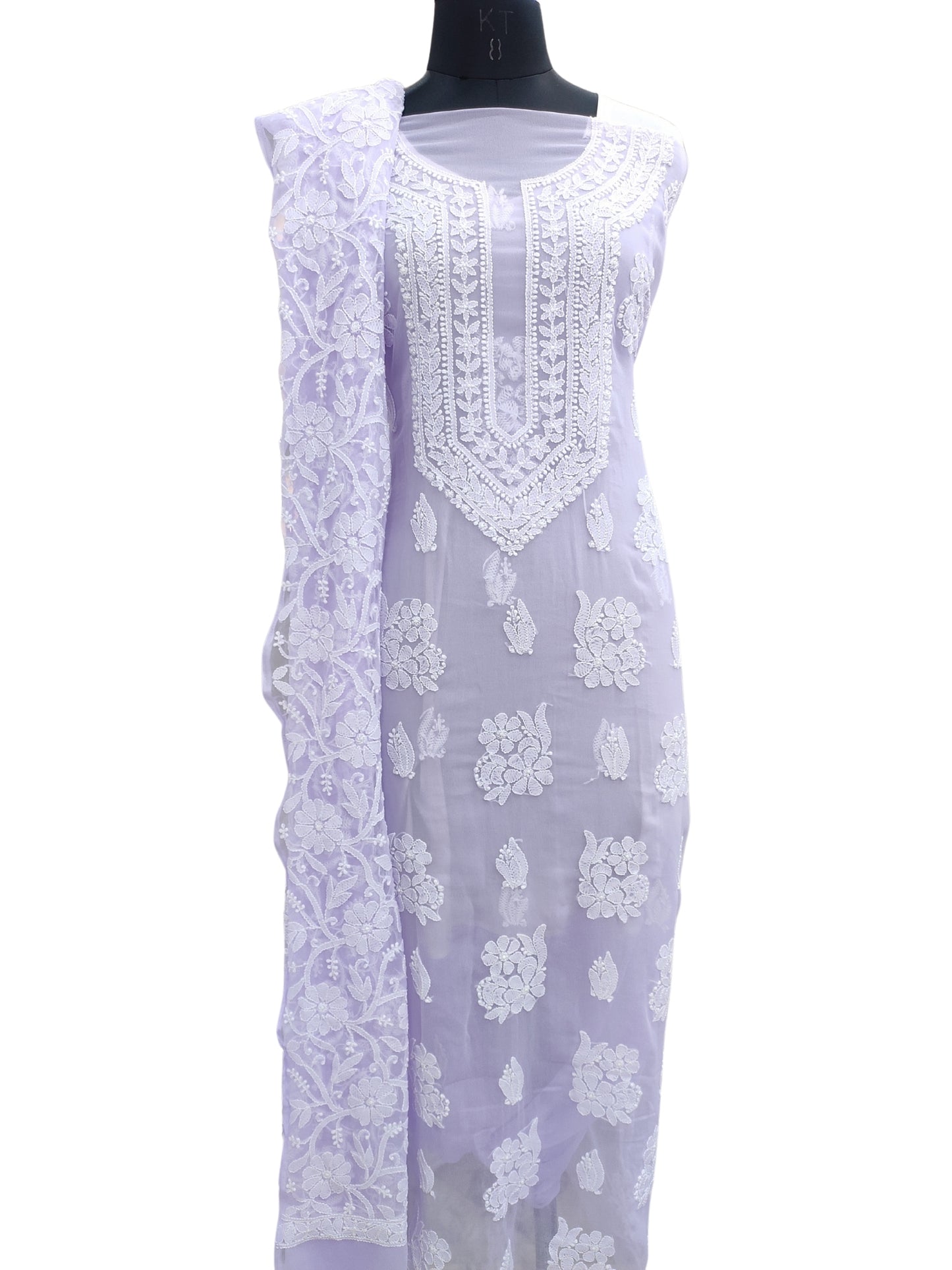 Shyamal Chikan Hand Embroidered Purple Georgette Lucknowi Chikankari Unstitched Suit Piece With Heavy Dupatta - S24363