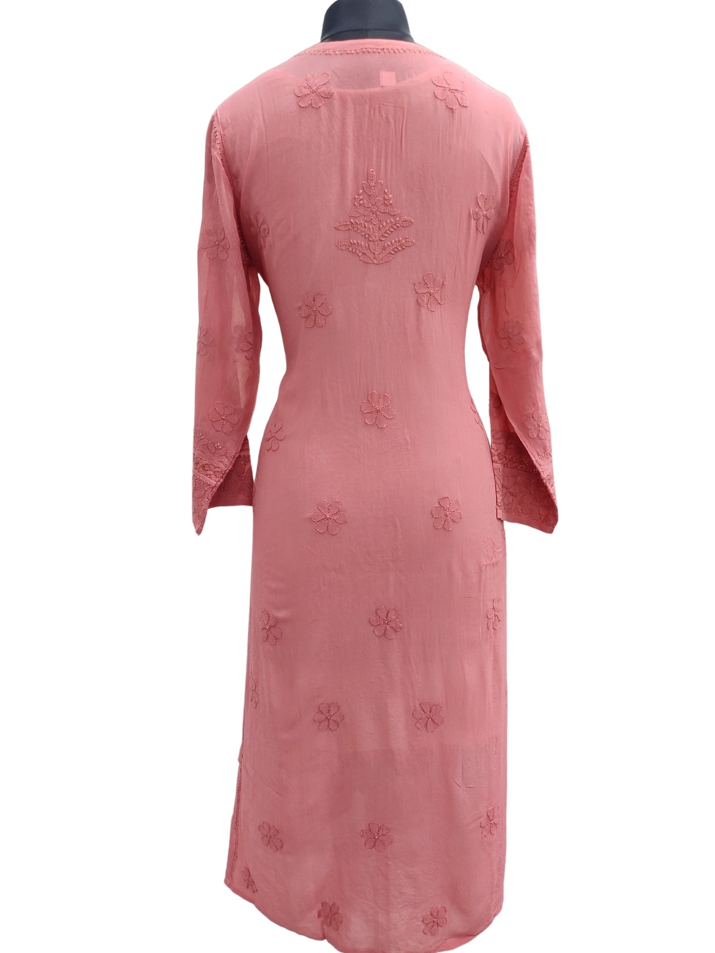 Shyamal Chikan Hand Embroidered Peach Viscose Georgette Lucknowi Chikankari Kurti With Crosia Work  - 23869