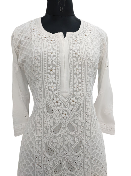 Shyamal Chikan Hand Embroidered White Viscose Georgette Lucknowi Chikankari Kurti With Mukaish Work - S24216